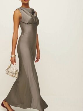 Reformation Taupe Satin Cowl-Neck Maxi Dress